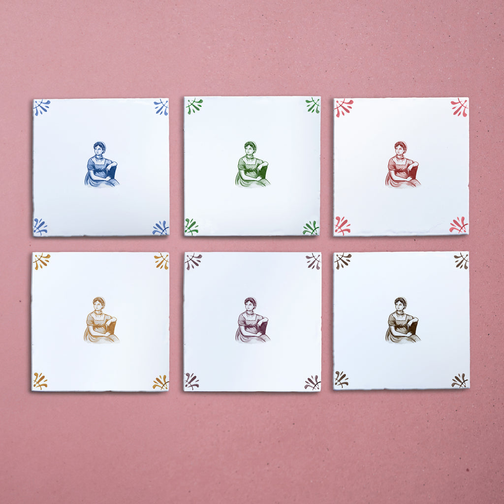 Six square tiles in blue, green, crimson, mustard, manganese, sepia with an illustration of Jane Austen on a pink background.