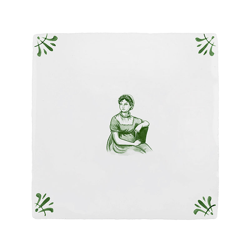 White ceramic tile with green decorative patterns and a Jane Austen illustration