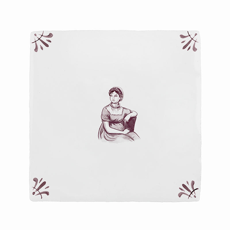White ceramic tile with manganese decorative patterns and a Jane Austen illustration