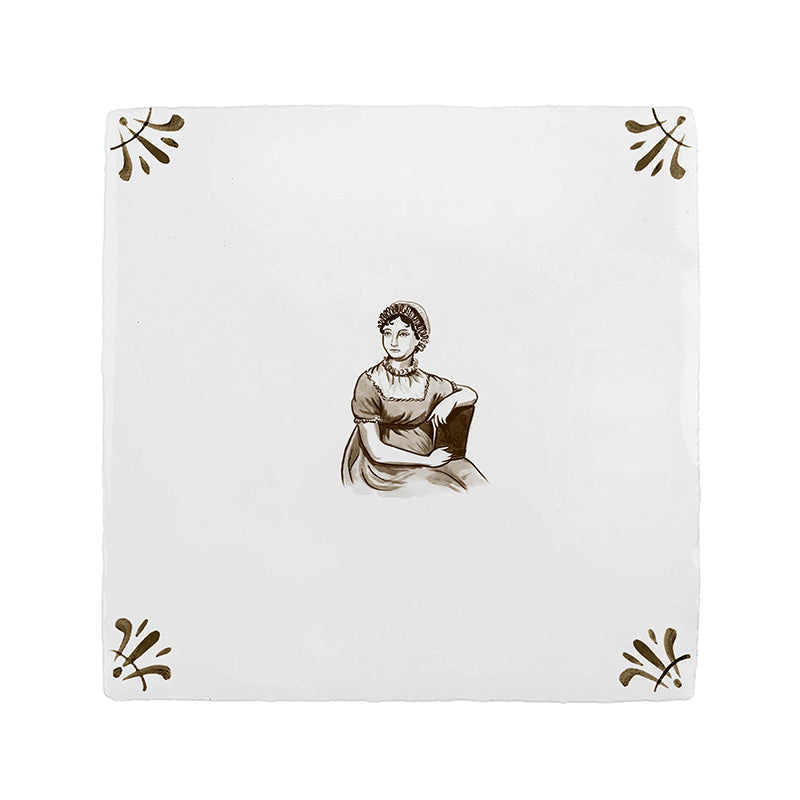 White ceramic tile with sepia decorative patterns and a Jane Austen illustration