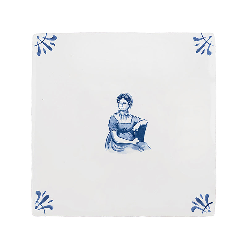White ceramic tile with blue decorative patterns and a Jane Austen illustration