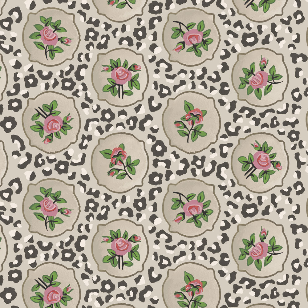 Leopard and Roses Wallpaper, Ecru