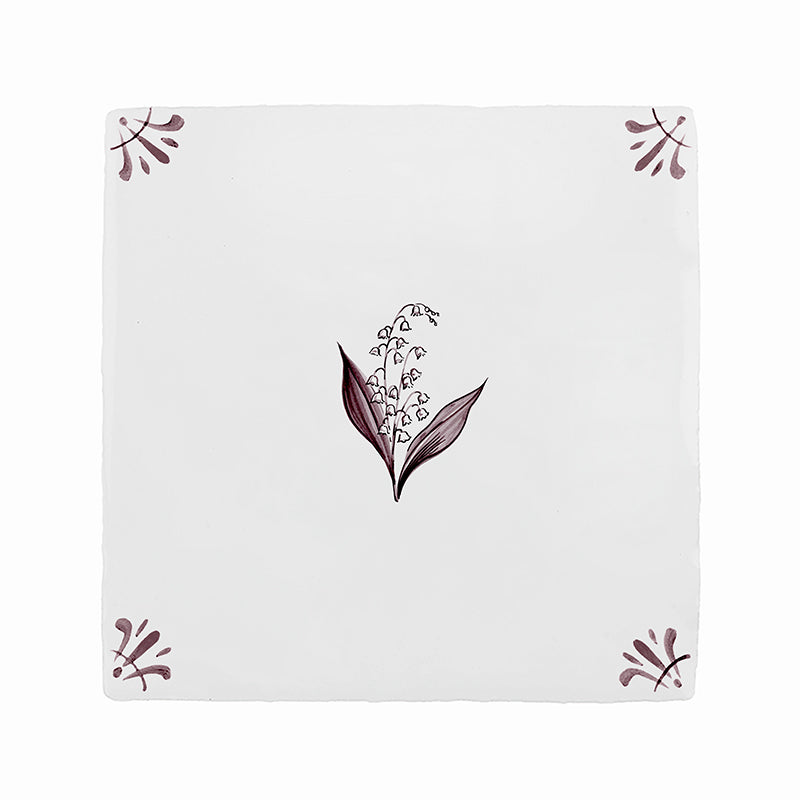 Lily of the Valley Delft Tile Sample, 15cm Manganese