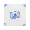 White tile with blue envelope design featuring a heart, on a white background.