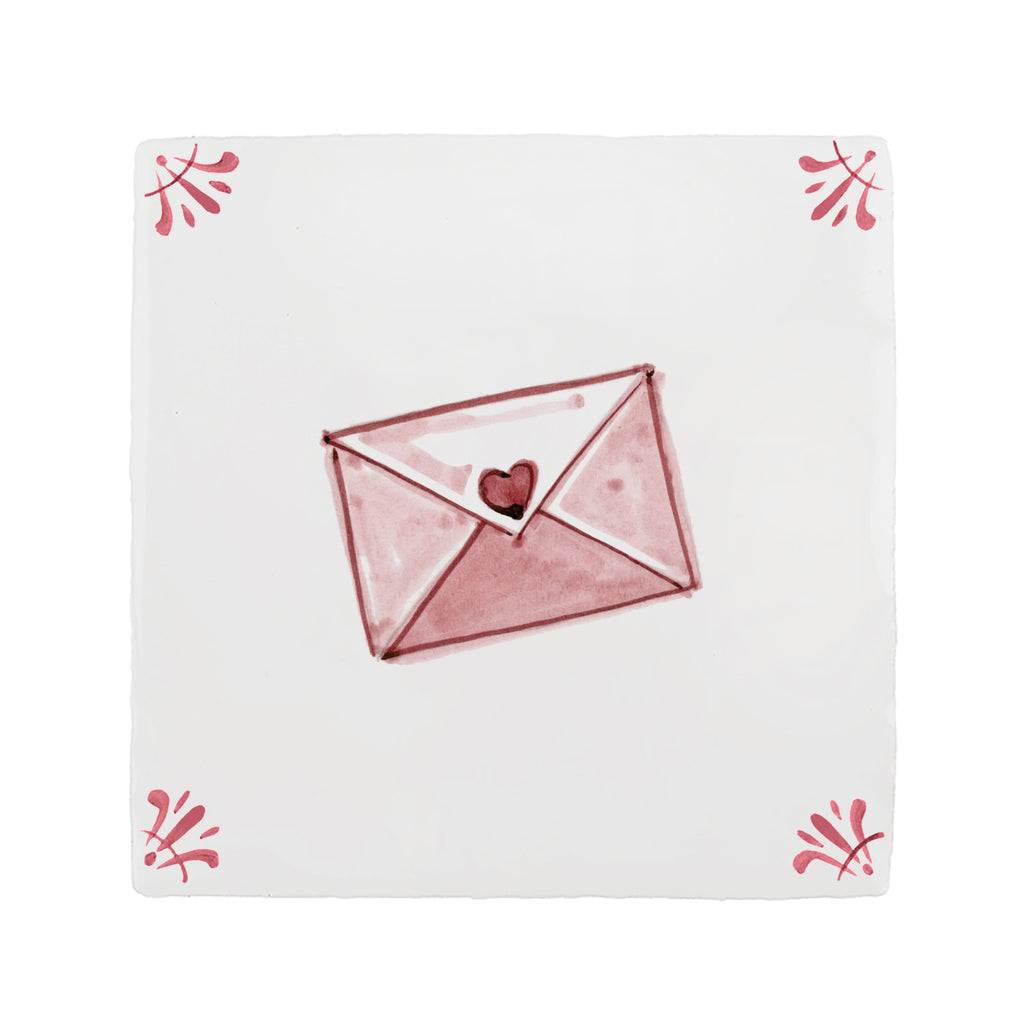 Tile with a red envelope featuring a heart motif on a white background