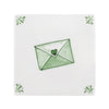 White tile with green envelope and heart design on a white background