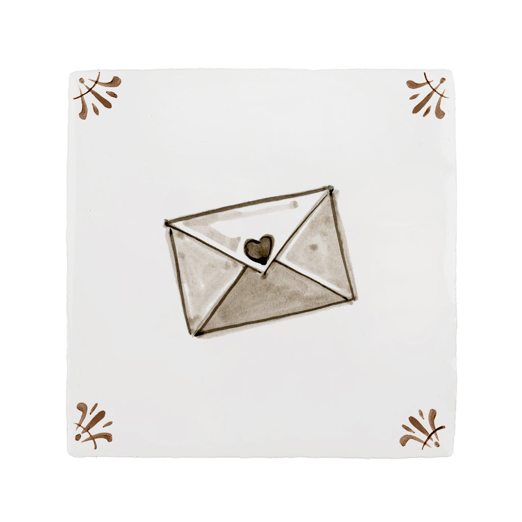 Tile with a stylized envelope containing a heart on a white background with decorative elements.