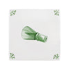 Green tea whisk on a white tile background with green decorative corner patterns