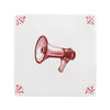 White tile with a red megaphone illustration on a white background