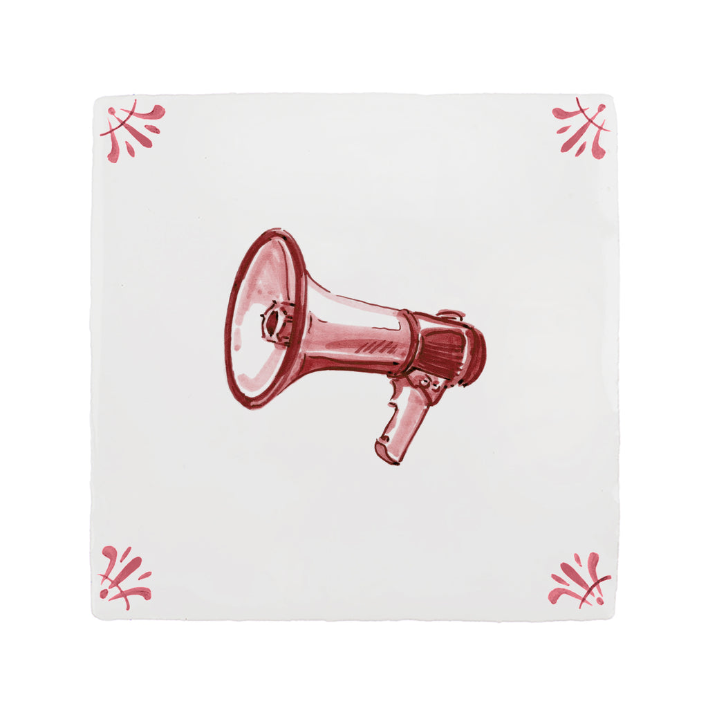 White tile with a red megaphone illustration on a white background