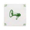 Green megaphone on a white tile background with green decorative corner patterns