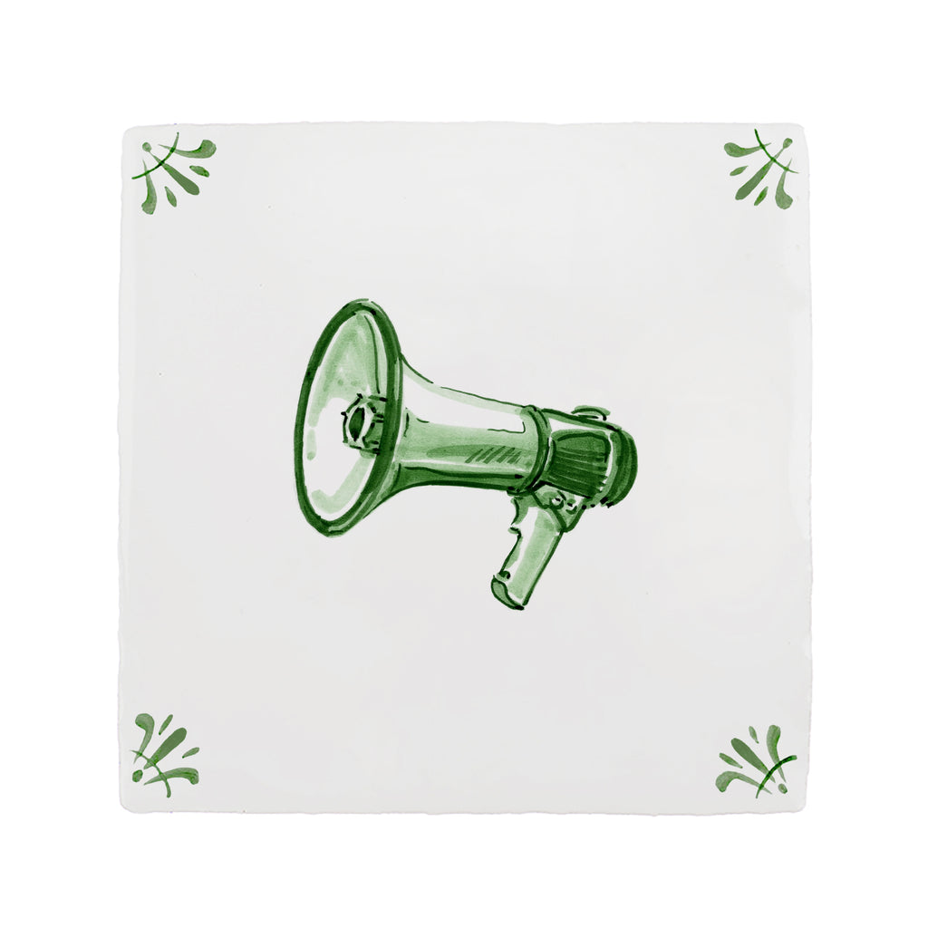 Green megaphone on a white tile background with green decorative corner patterns