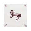 Megaphone illustration on a white tile background with decorative corners