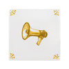 White tile with a mustard megaphone illustration on a white background