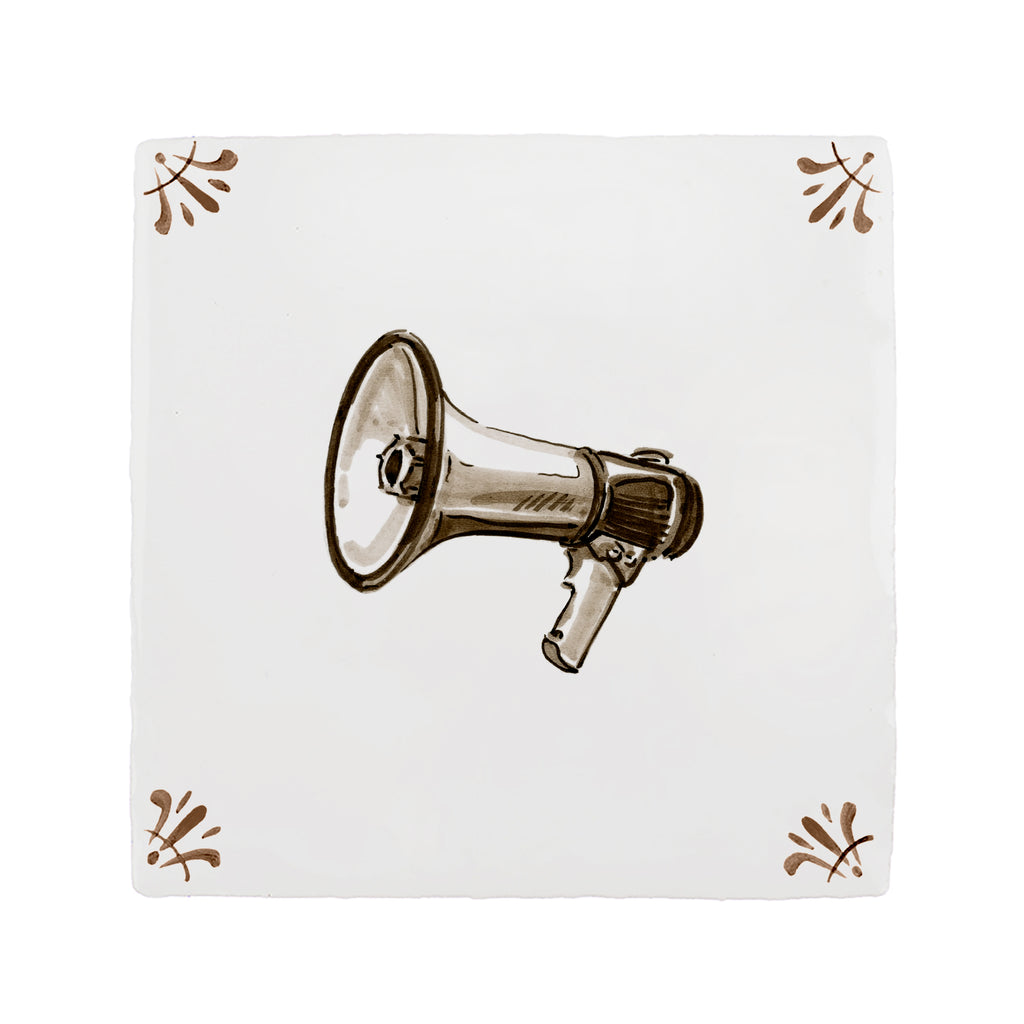 Megaphone illustration on a white tile background with decorative elements