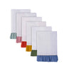 Set of white napkins with colourful ruffled trims on a white background