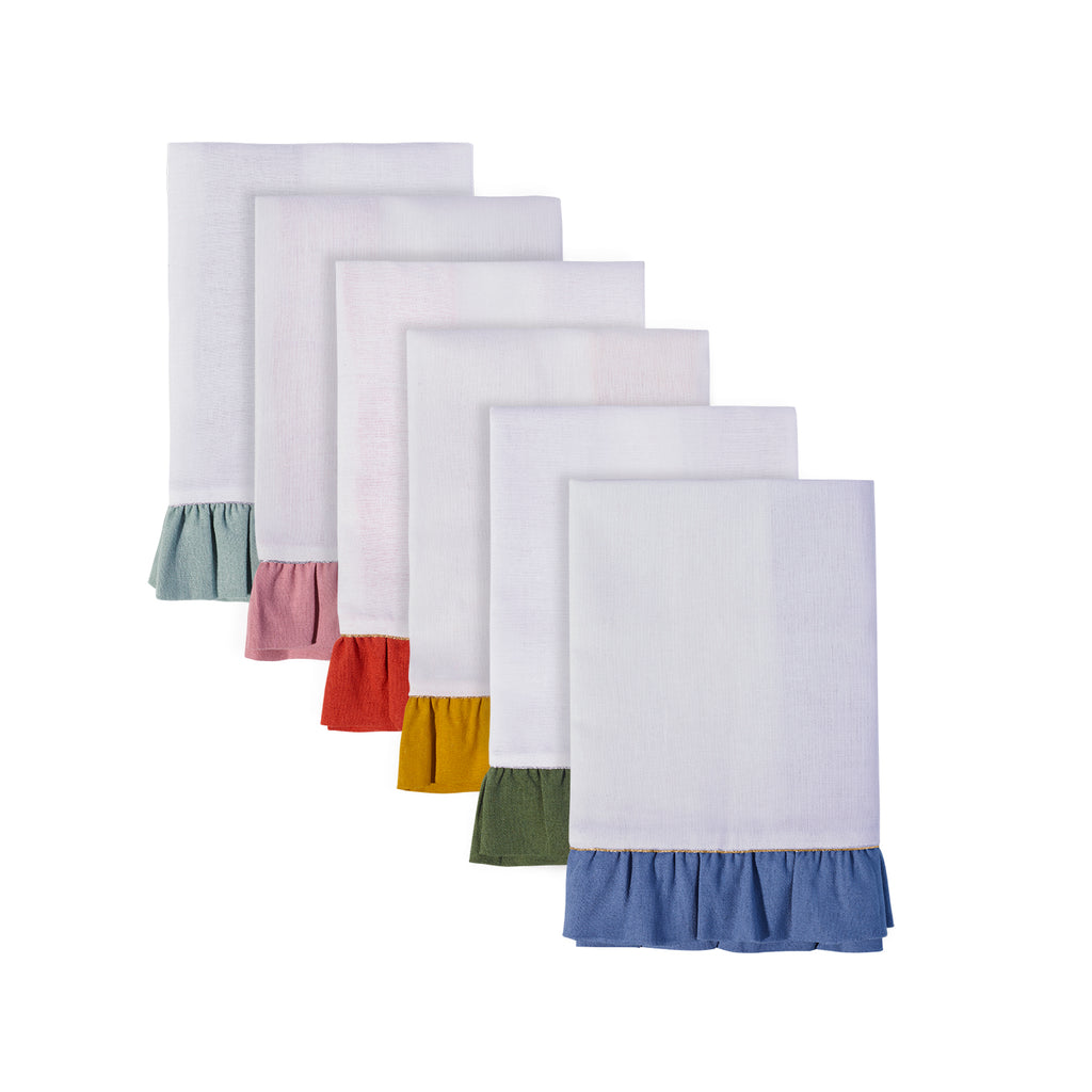 Set of white napkins with colourful ruffled trims on a white background
