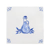 Decorative tile with a blue Olive Oil bottle and leaf design on a white background