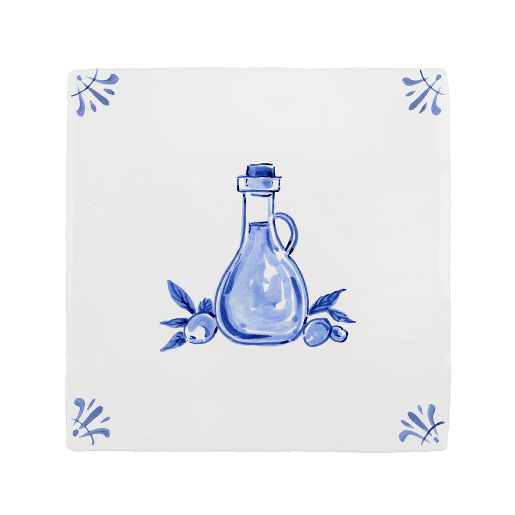 Decorative tile with a blue Olive Oil bottle and leaf design on a white background