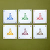 Six square tiles with colorful olive oil bottle illustrations on a green background