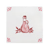 Decorative tile with a red olive oil bottle and leaf design on a white background