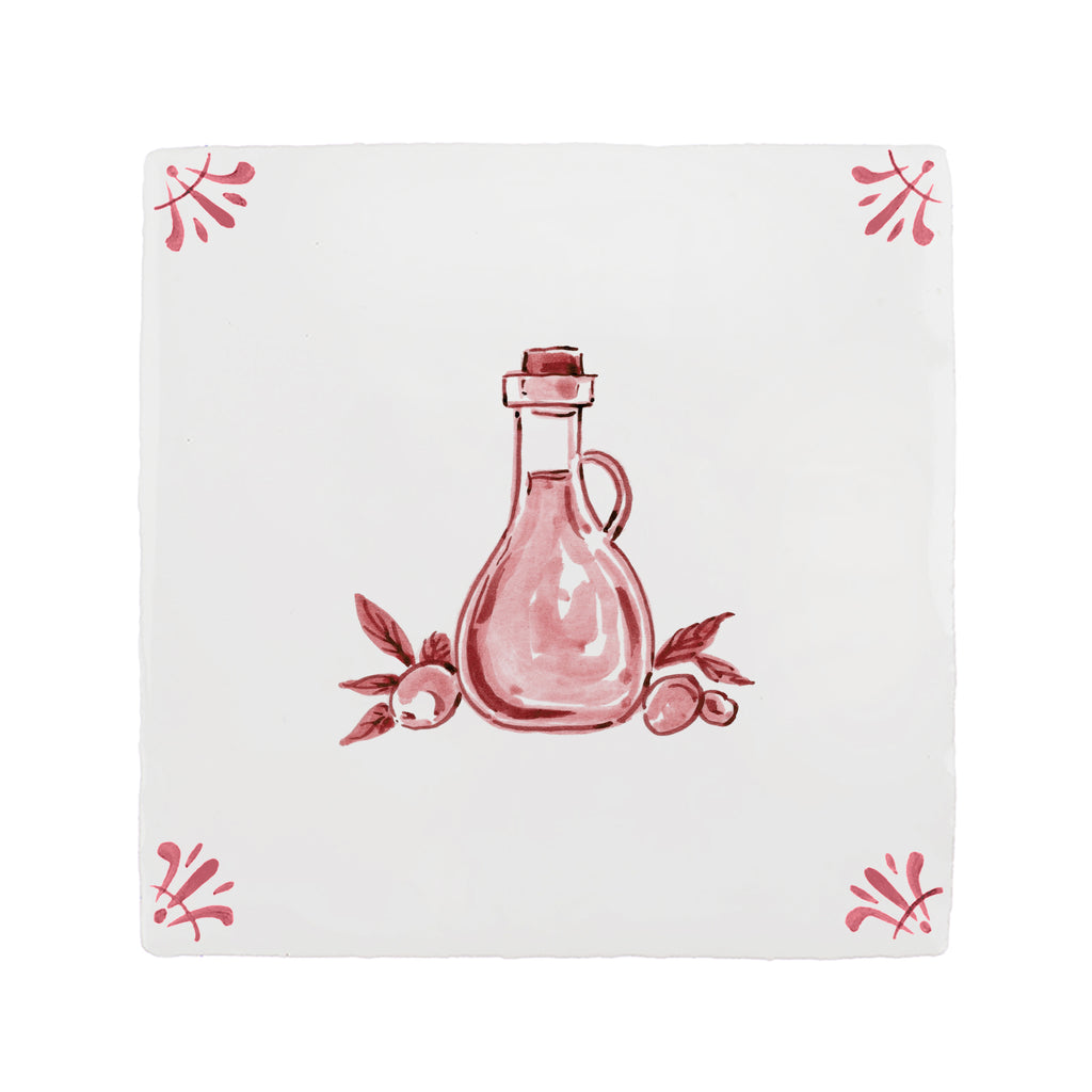 Decorative tile with a red olive oil bottle and leaf design on a white background