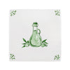 Decorative tile with a green olive oil bottle and olives design on a white background