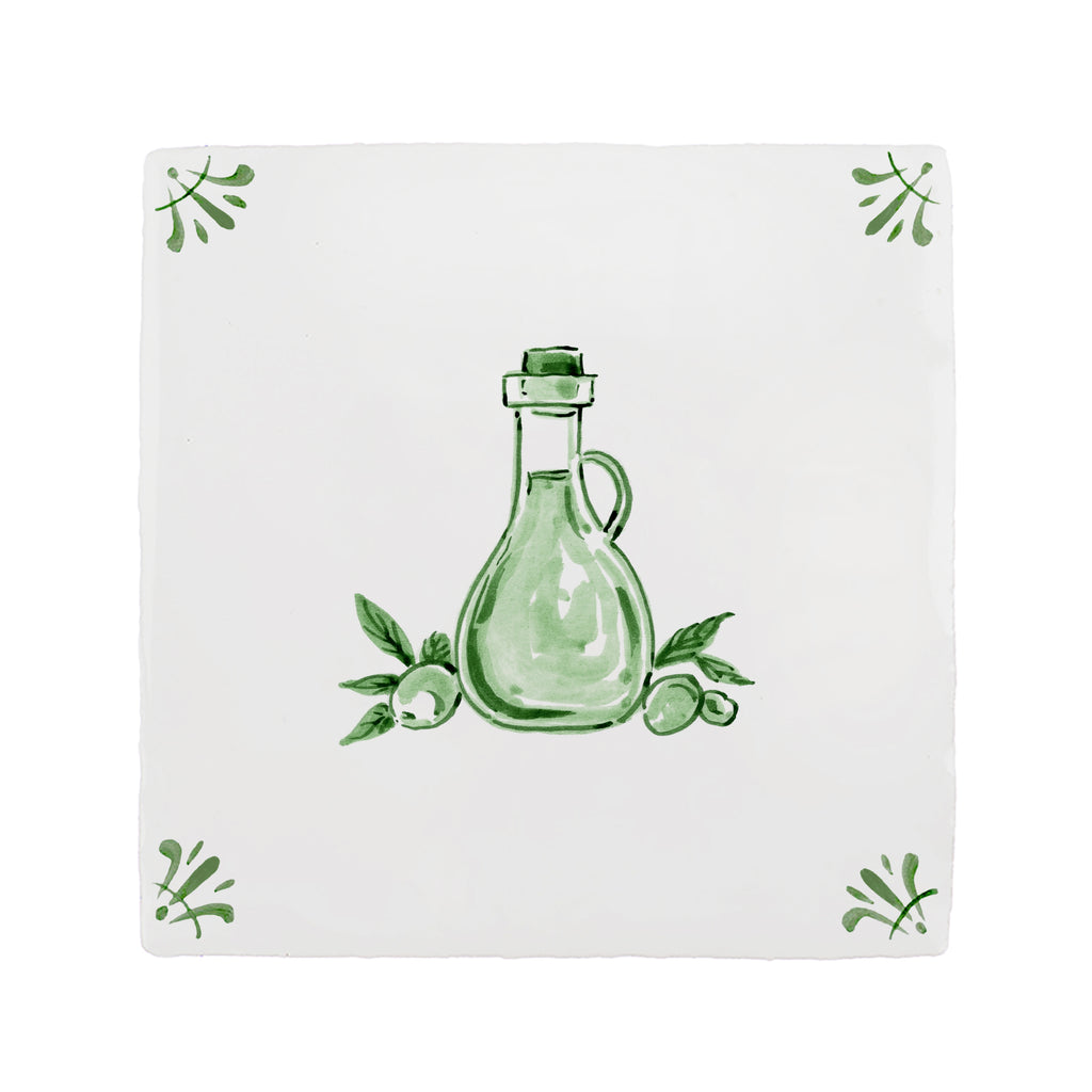 Decorative tile with a green olive oil bottle and olives design on a white background