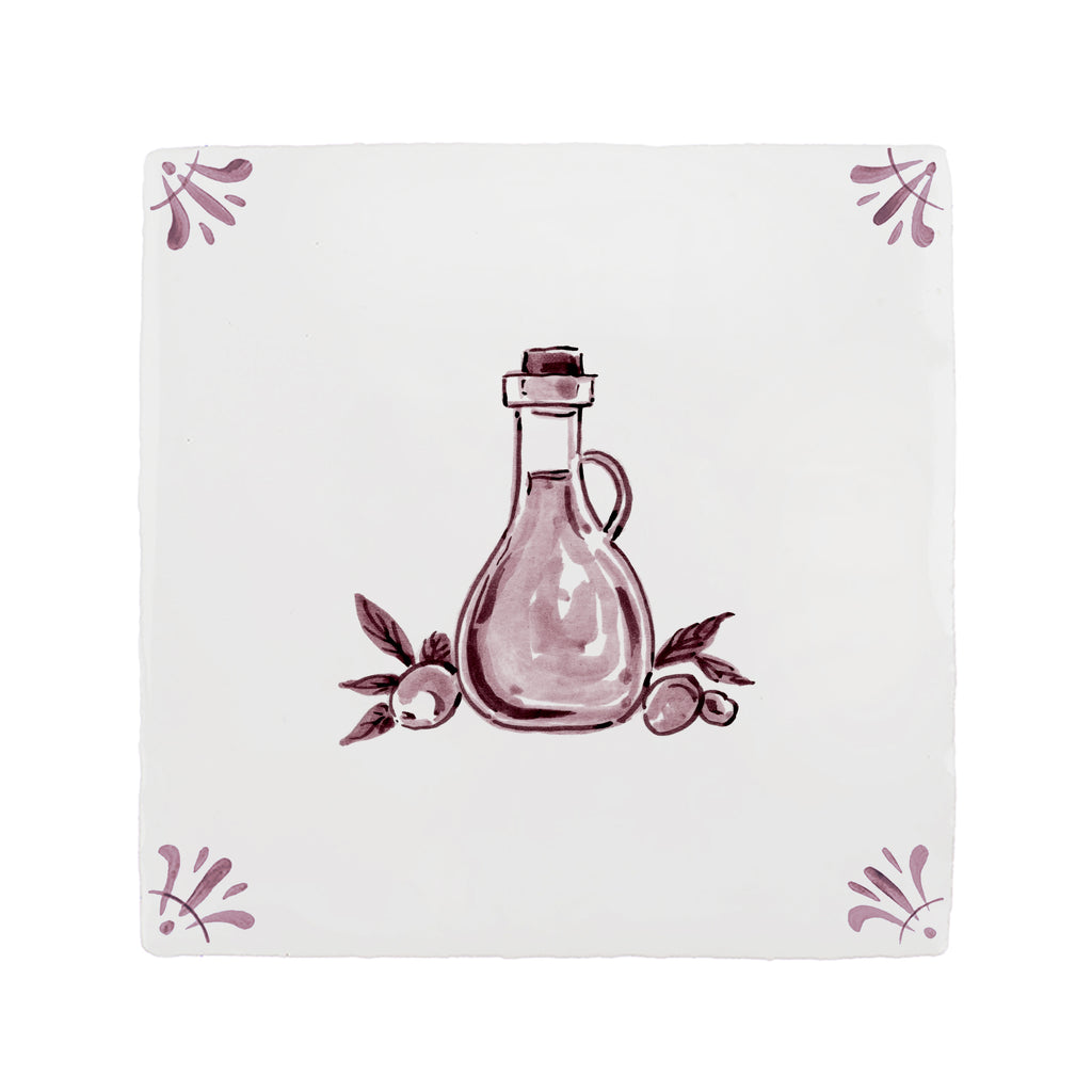 Decorative tile with an Olive oil bottle and leaf design on a white background
