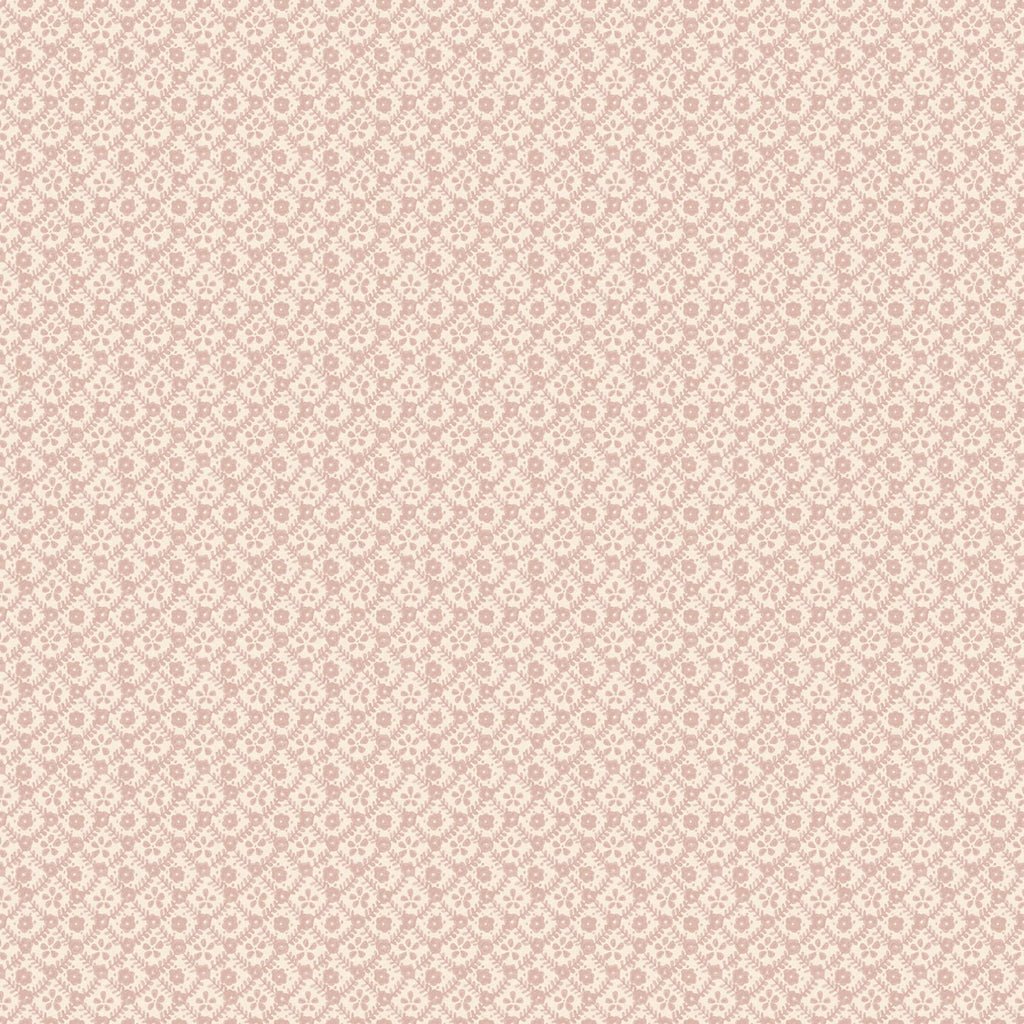 A close-up of a repeating floral damask pattern in soft dusty pink and cream.