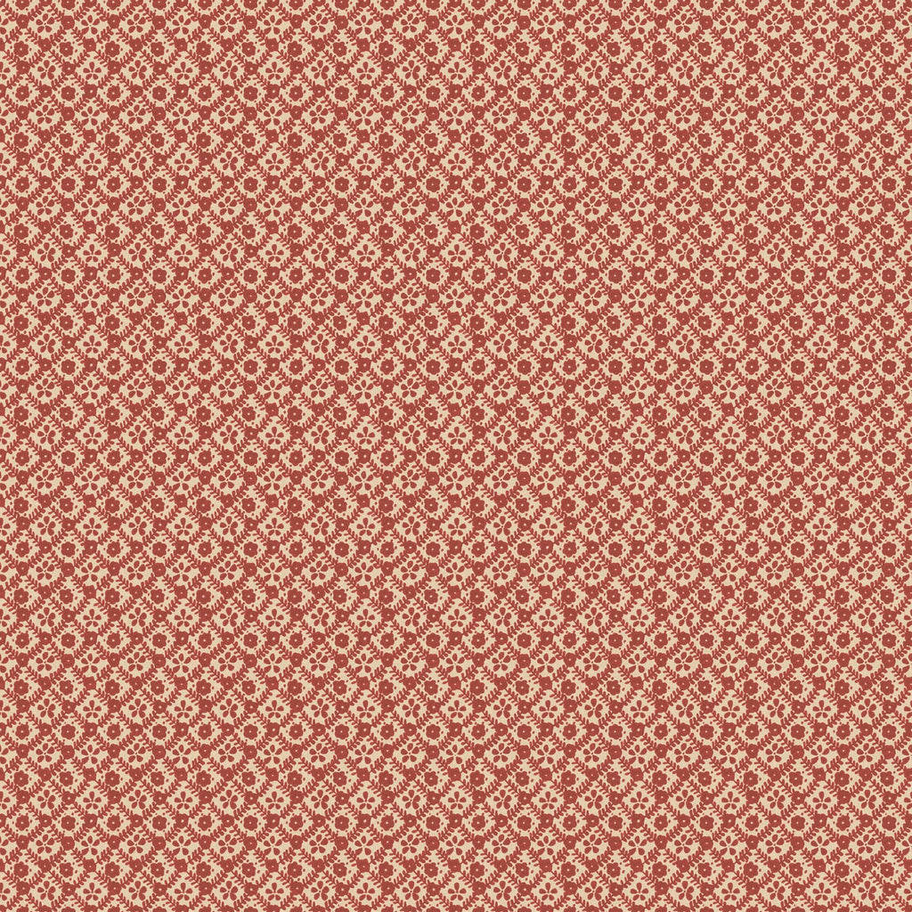 A close-up of a repeating floral pattern in terracotta red and cream, filling the entire frame.
