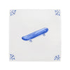 Blue skateboard design on a white tile background with blue patterns