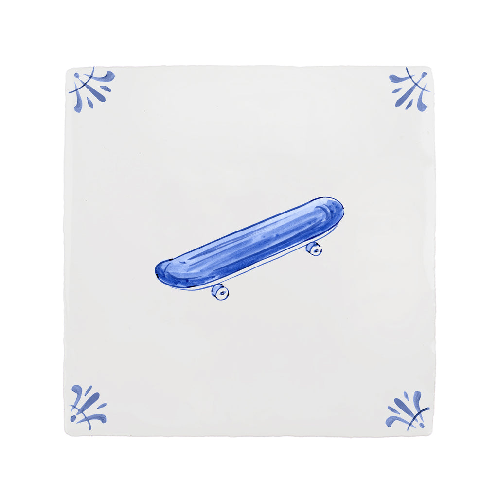Blue skateboard design on a white tile background with blue patterns
