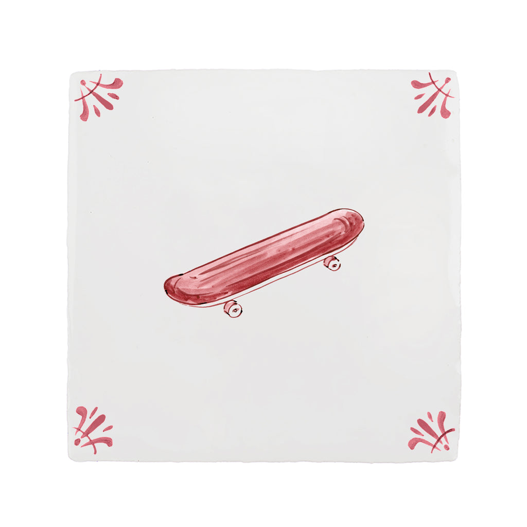 White tile with a red skateboard illustration on a white background