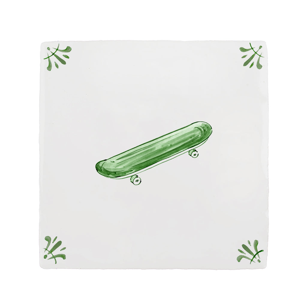 White tile with a green skateboard illustration on a white background