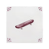 Skateboard design on a white tile background with decorative corner elements