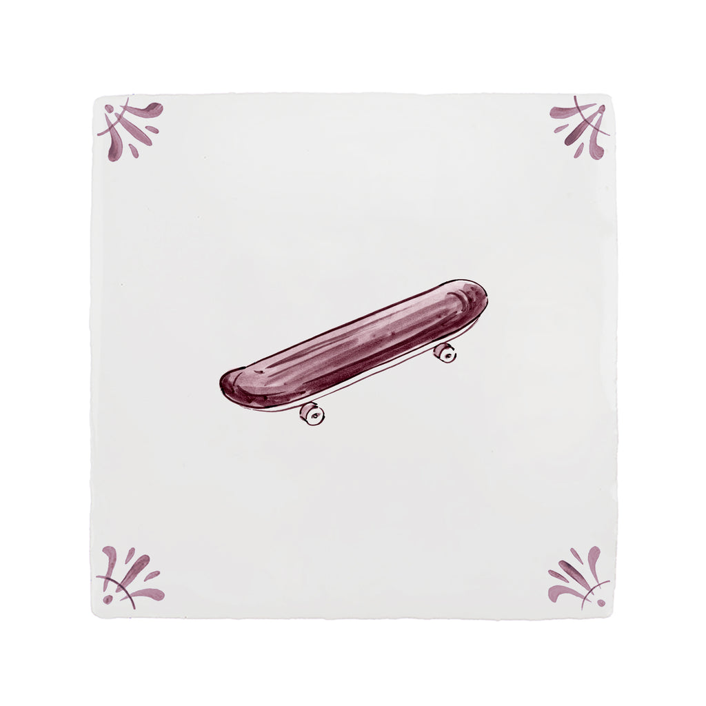 Skateboard design on a white tile background with decorative corner elements