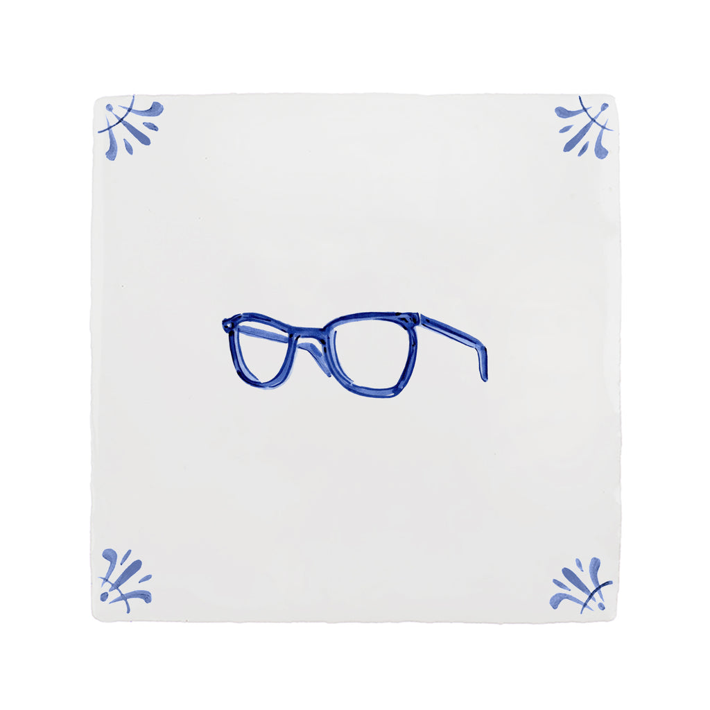 White tie with blue spectacles design and blue decorative patterns on a white background