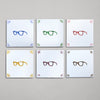 Six tiles with colorful glasses illustrations on a gray background