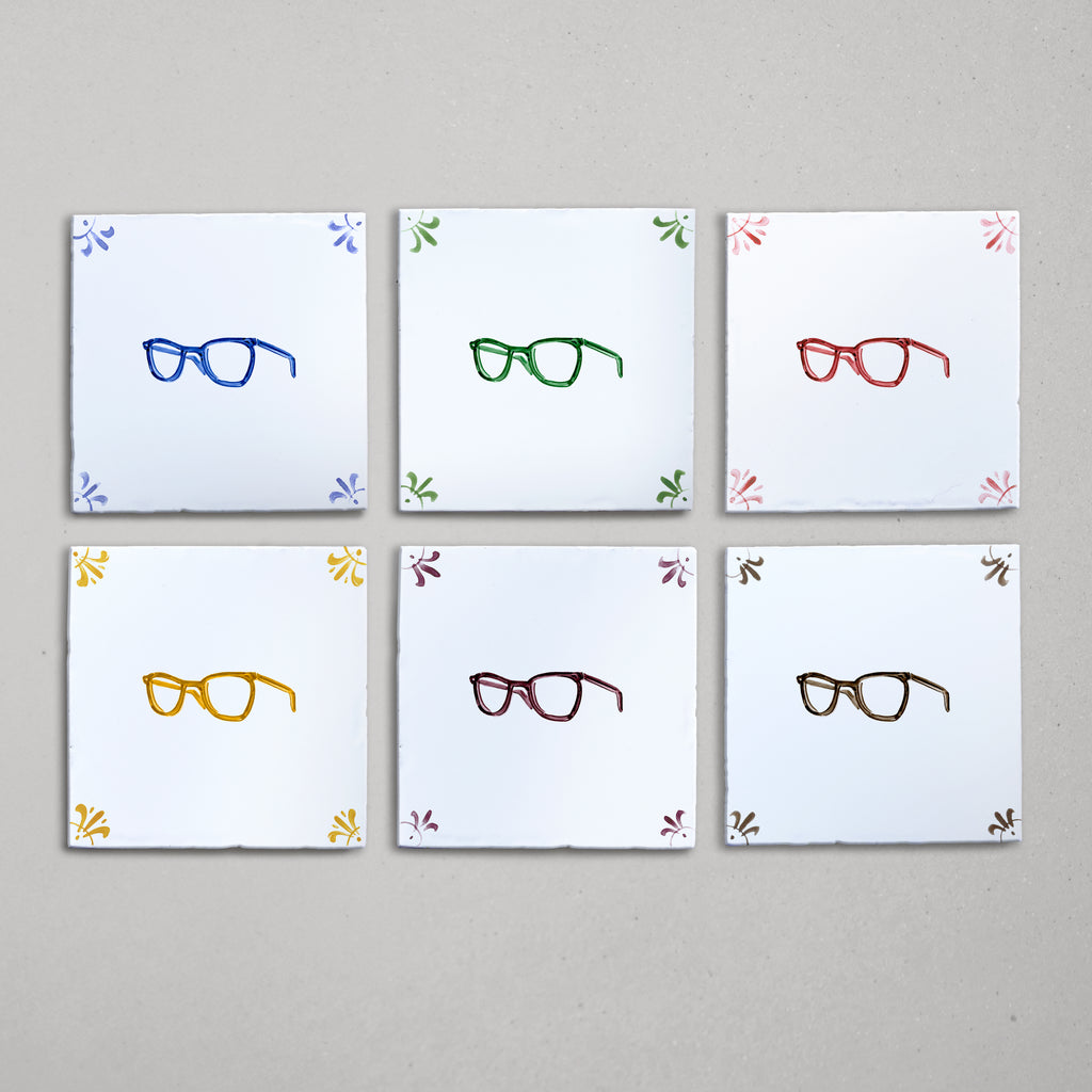 Six tiles with colorful glasses illustrations on a gray background