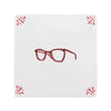 White tile with red glasses design and red decorative corners on a white background