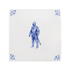 Tile with a blue and white design of a knight in armor on a white background