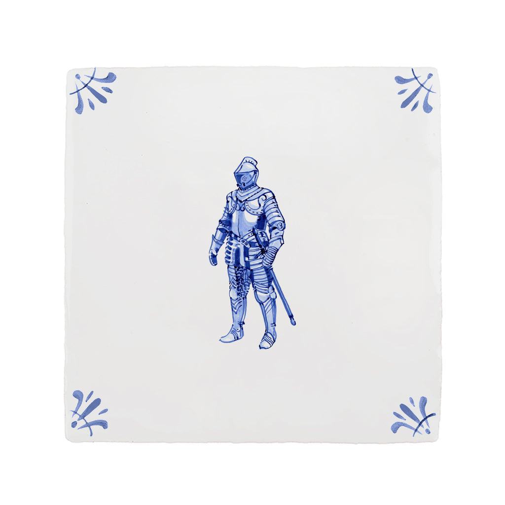 Tile with a blue and white design of a knight in armor on a white background
