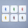 Six square tiles with colorful suit of armour illustrations on a gray background