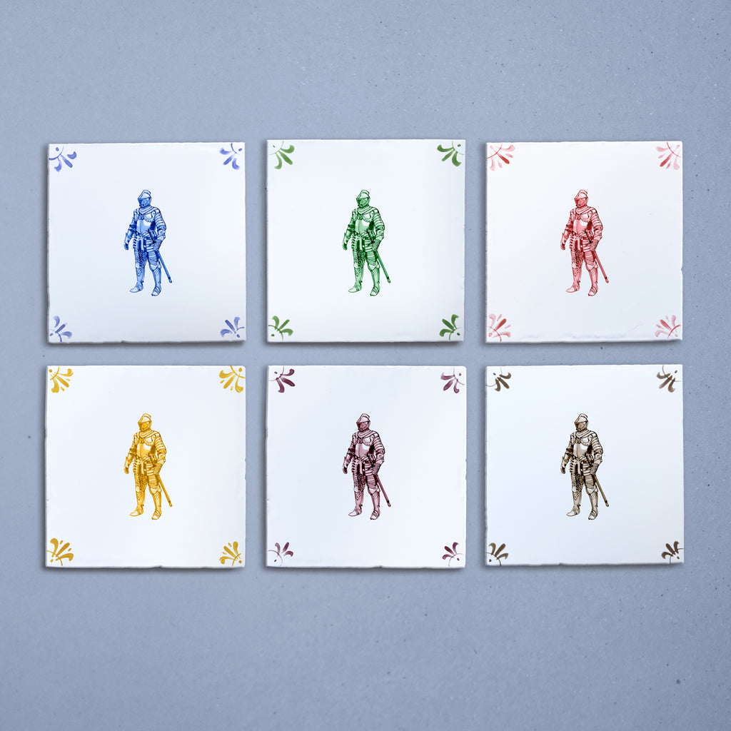 Six square tiles with colorful suit of armour illustrations on a gray background
