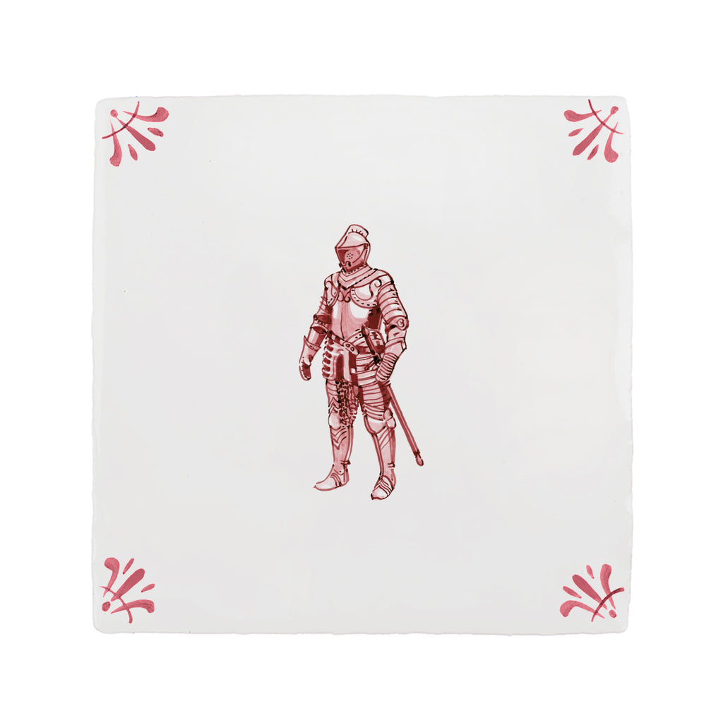 White tile with a red suit of armour illustration on a white background