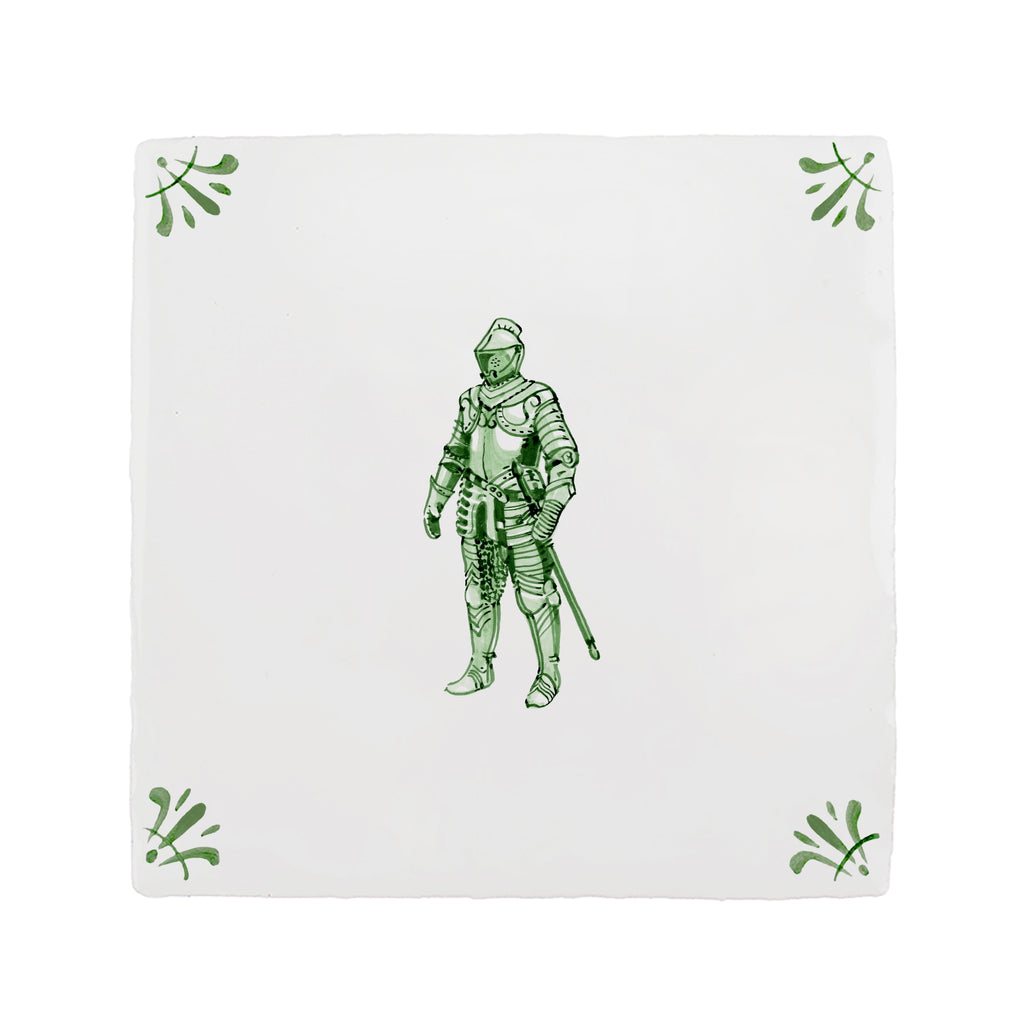 White tile with green suit of armour illustration on a white background