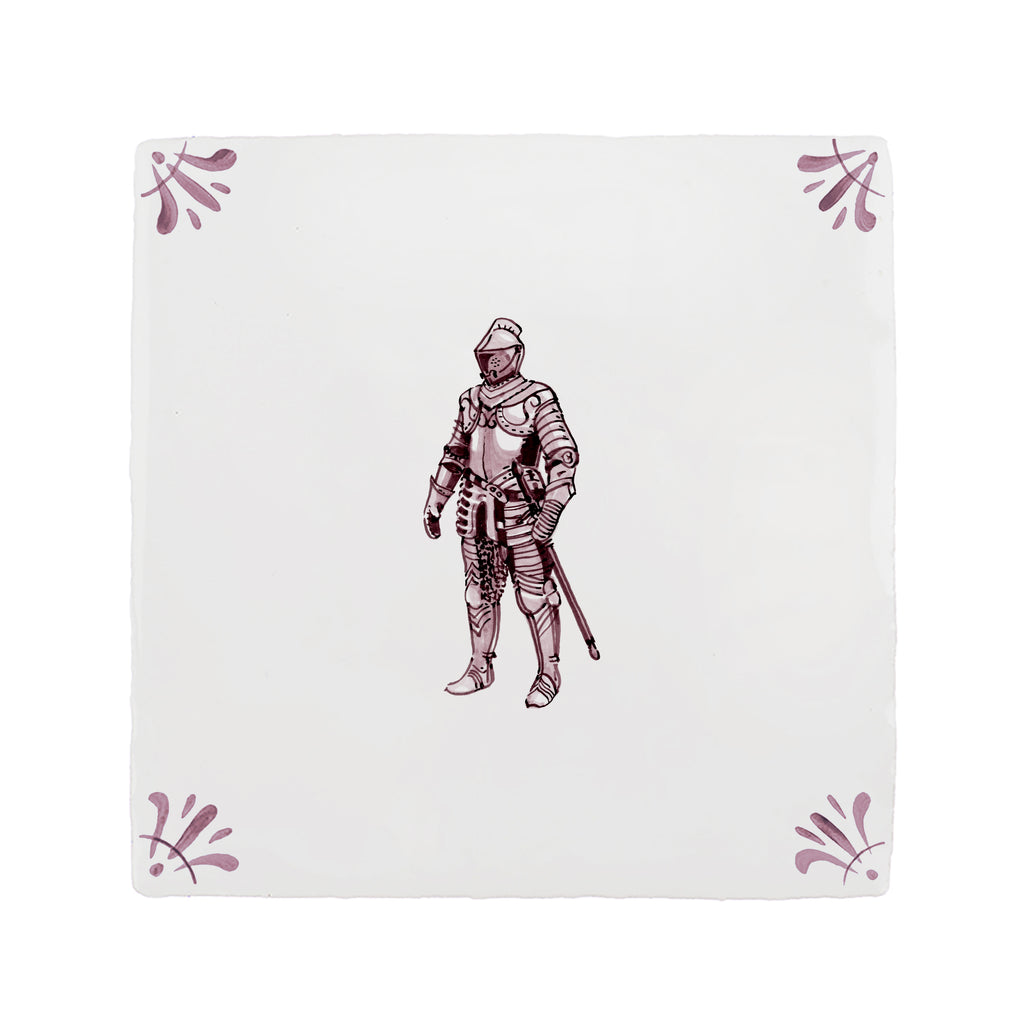 White tile with a knight in armor illustration on a white background