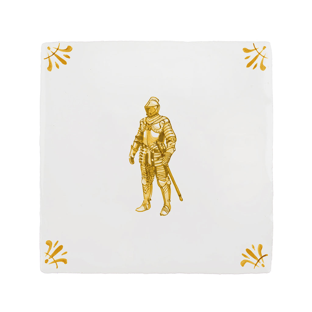 White tile with mustard knight illustration on a white background