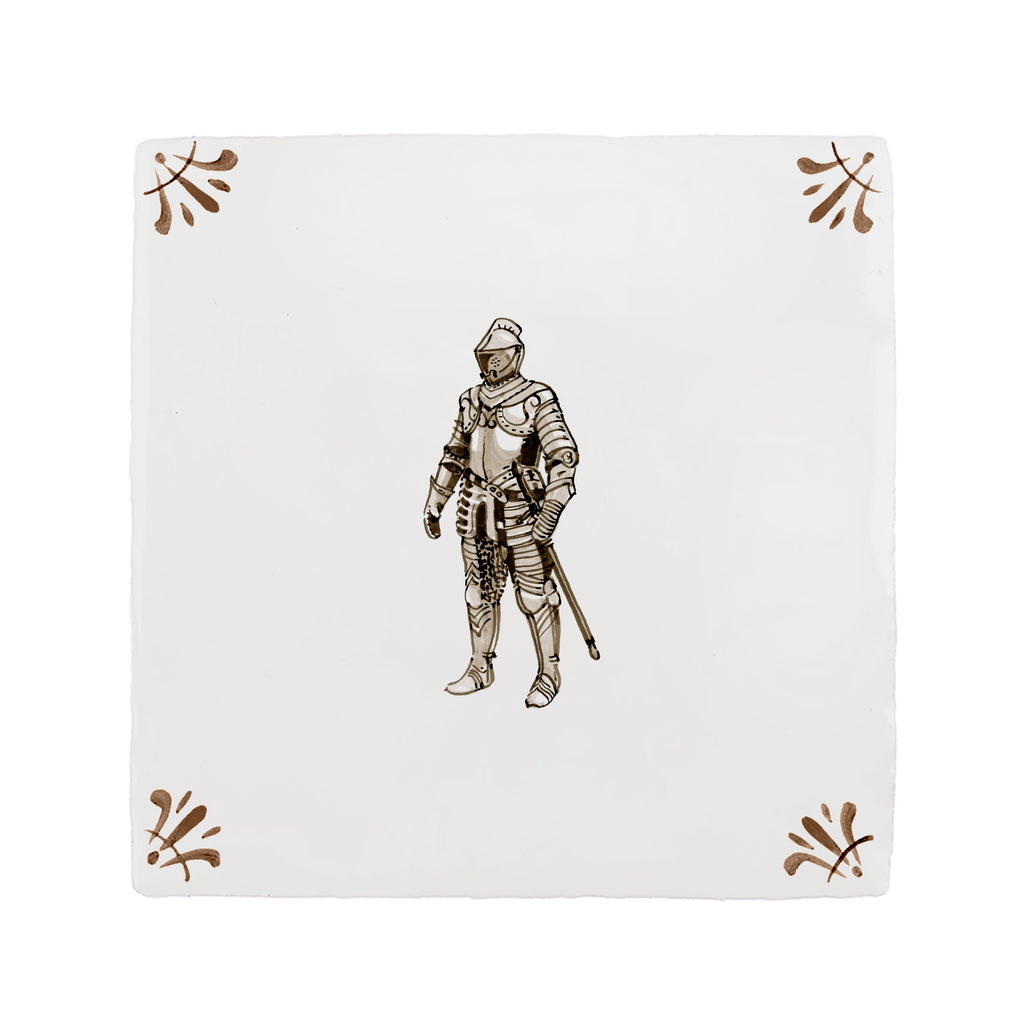 White tile with a knight in armor design on a white background